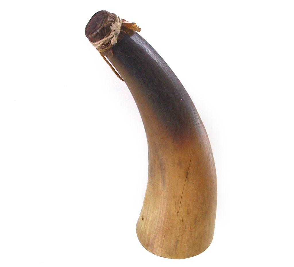 Ein buet horn, halvmondformet med ein mørk topp og lysare underside.