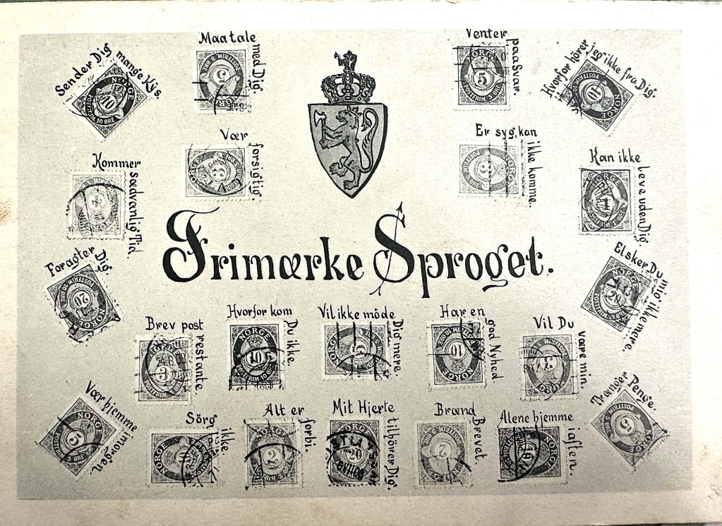 Et postkort som viser "Frimerkesproget". Hvordan poststempelet treffer frimerket har en betydning. For eksempel: Brænd Brævet, eller Sørg ikke.
